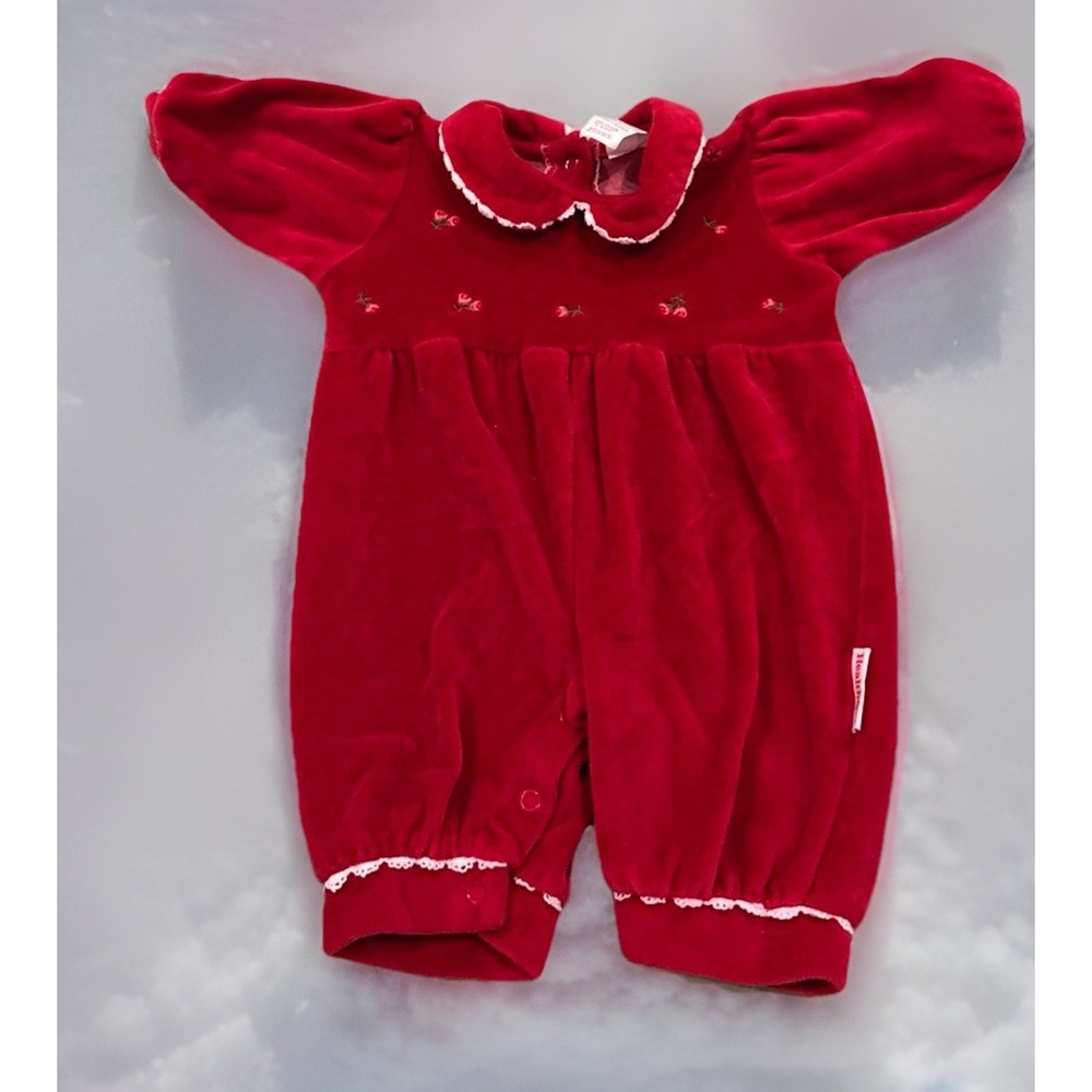 VTG Velour‎ Romper Jumper Xmas Candle Outfit Holiday Health-Tex Baby 0-3 Roses